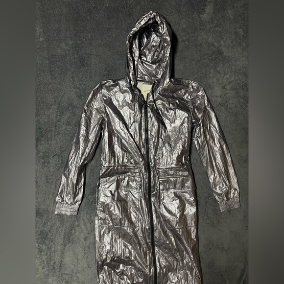 Avec Les Filles Metallic Silver Hooded Longline Rain Coat Trench Pockets Size S - Picture 1 of 8